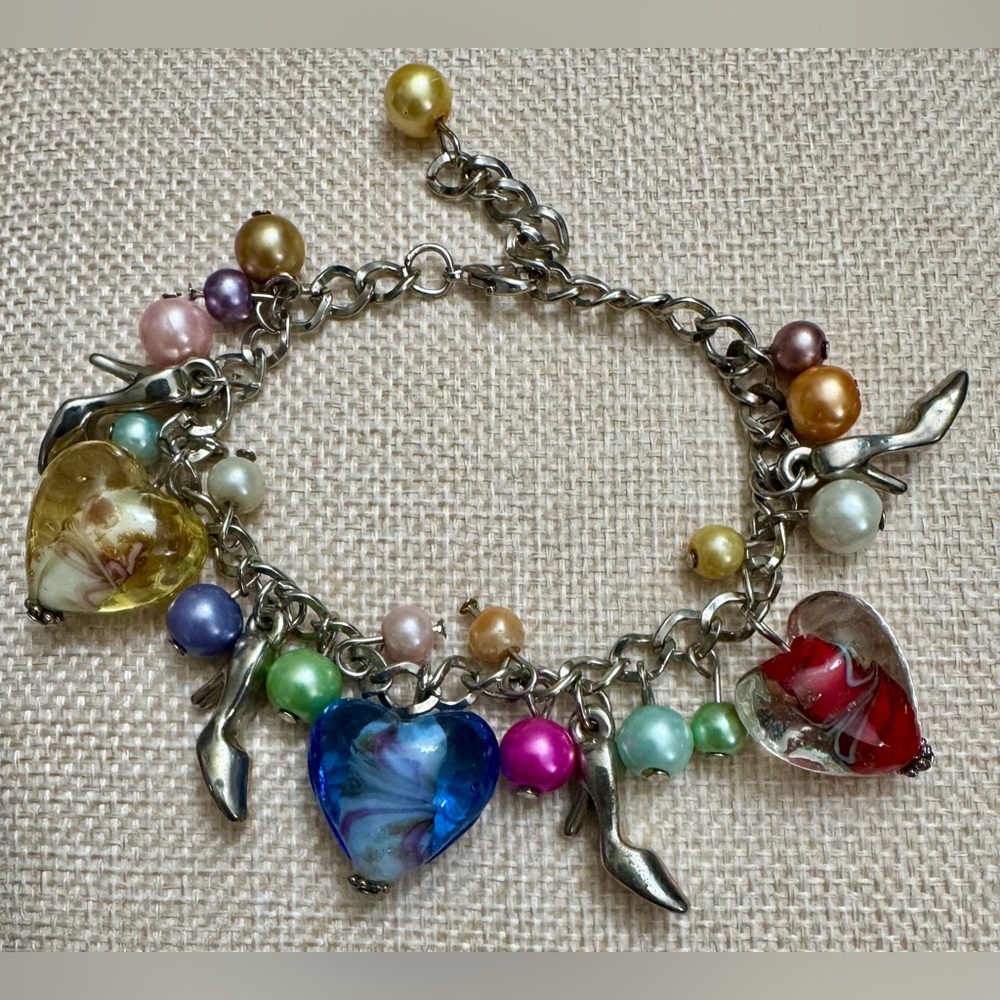 Vintage Silver Charm Bracelet W/Colorful Heart Shaped Murano Style Glass Beads